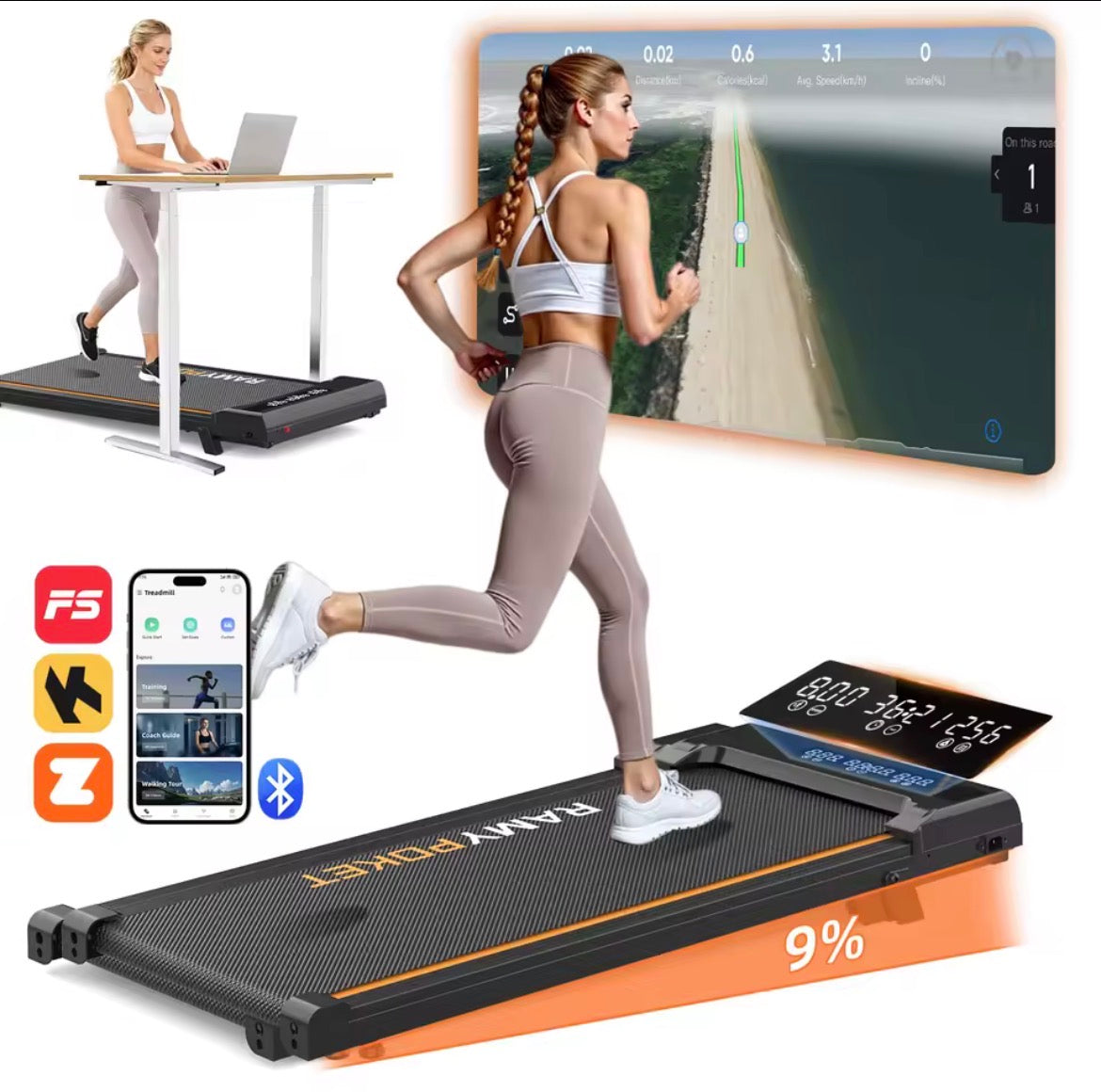 RAMYPOKET Treadmill With 9% Incline Silent Motor Smart APP 1–8KM/H 120KG